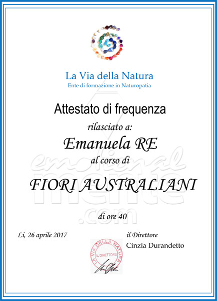 Attestato formazione corso sui Fiori Australiani della scuola la Via della Natura - aprile 2017