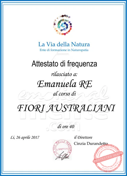 Attestato formazione corso sui Fiori Australiani della scuola la Via della Natura - aprile 2017